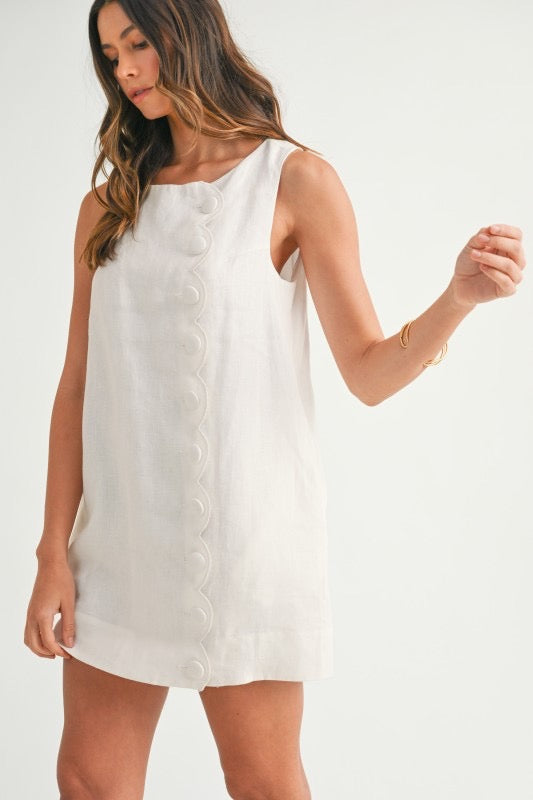 Palm Cove Scallop Button Linen Mini Dress