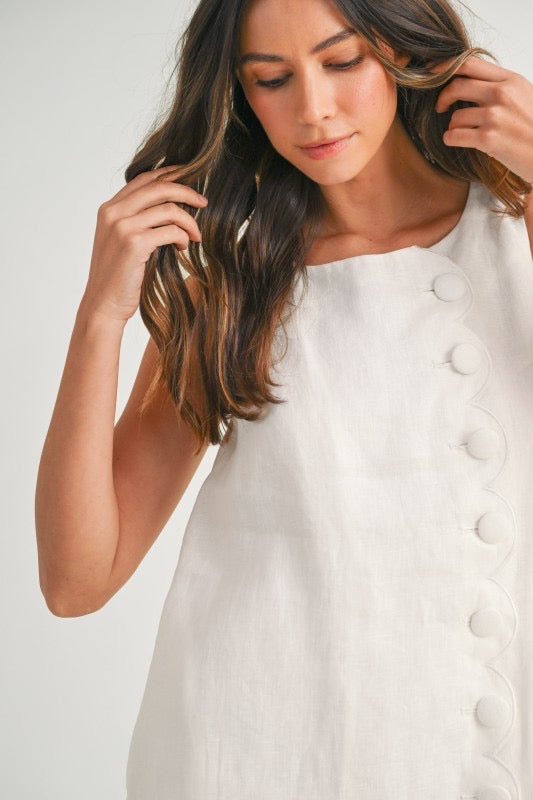 Palm Cove Scallop Button Linen Mini Dress