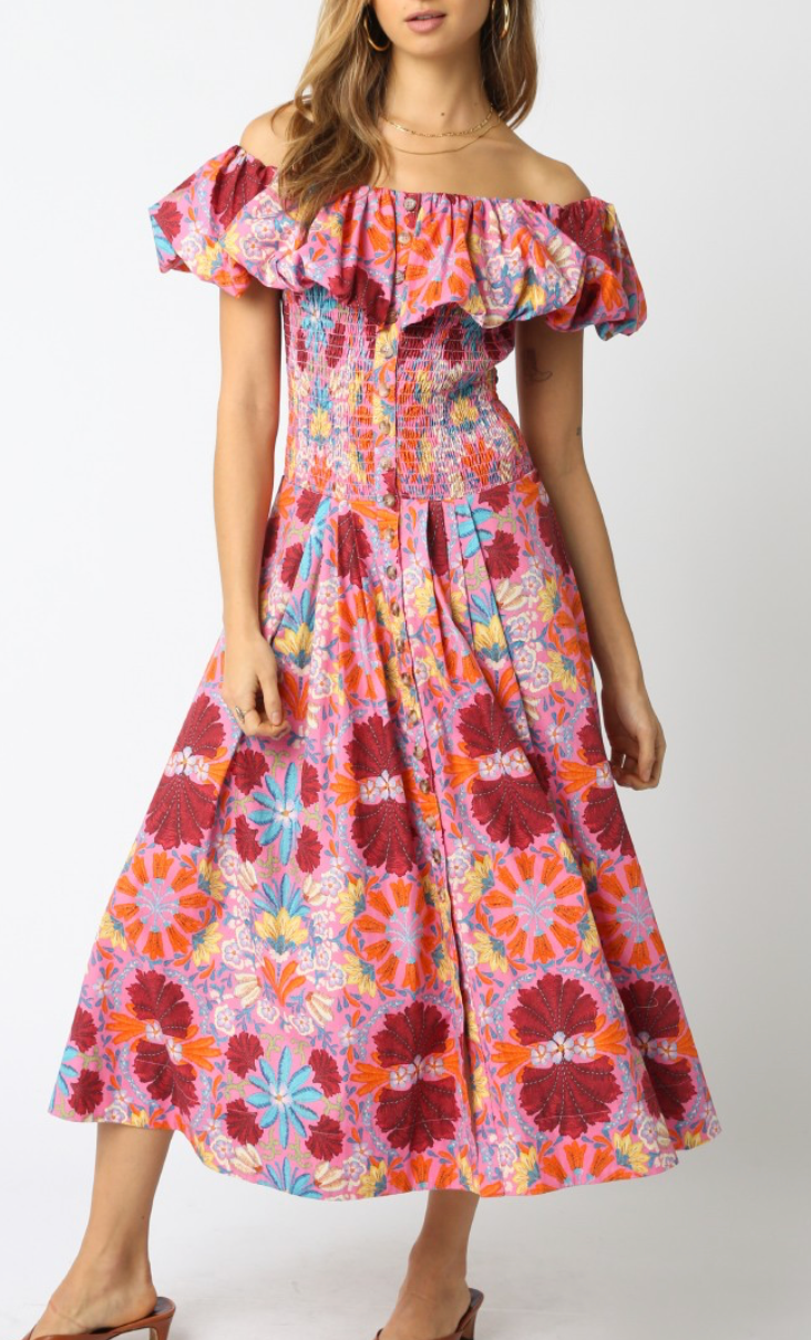 In Bloom Strapless Floral Midi Dress