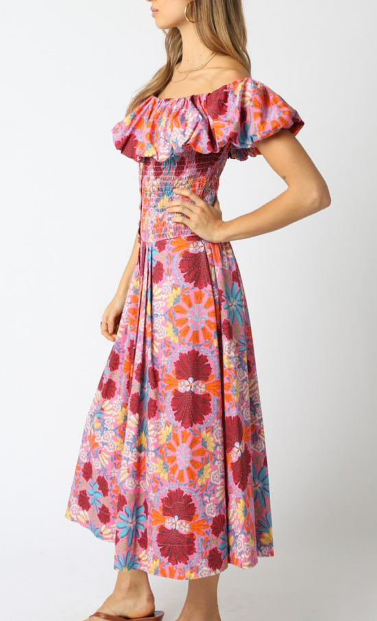 In Bloom Strapless Floral Midi Dress