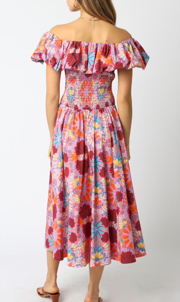 In Bloom Strapless Floral Midi Dress