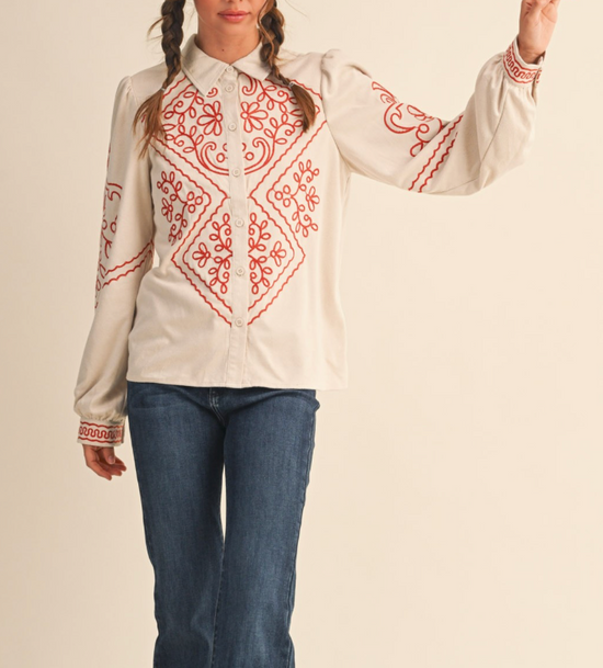 Magnolia Embroidered Button Down Top