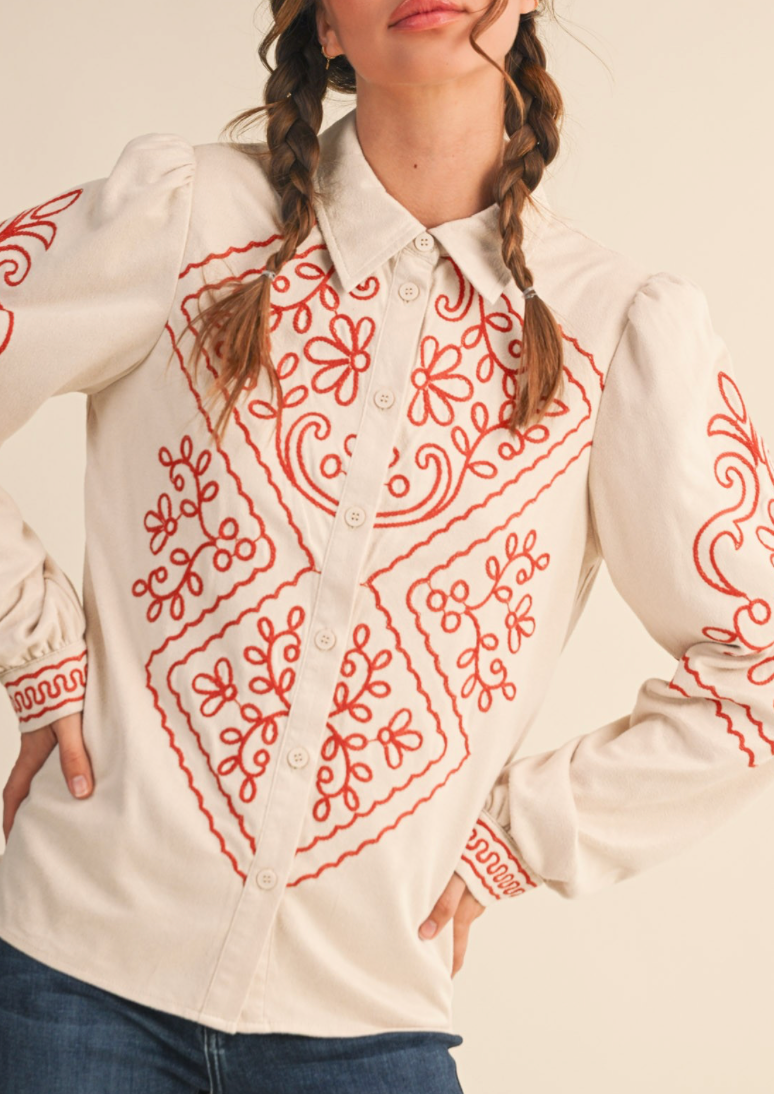 Magnolia Embroidered Button Down Top