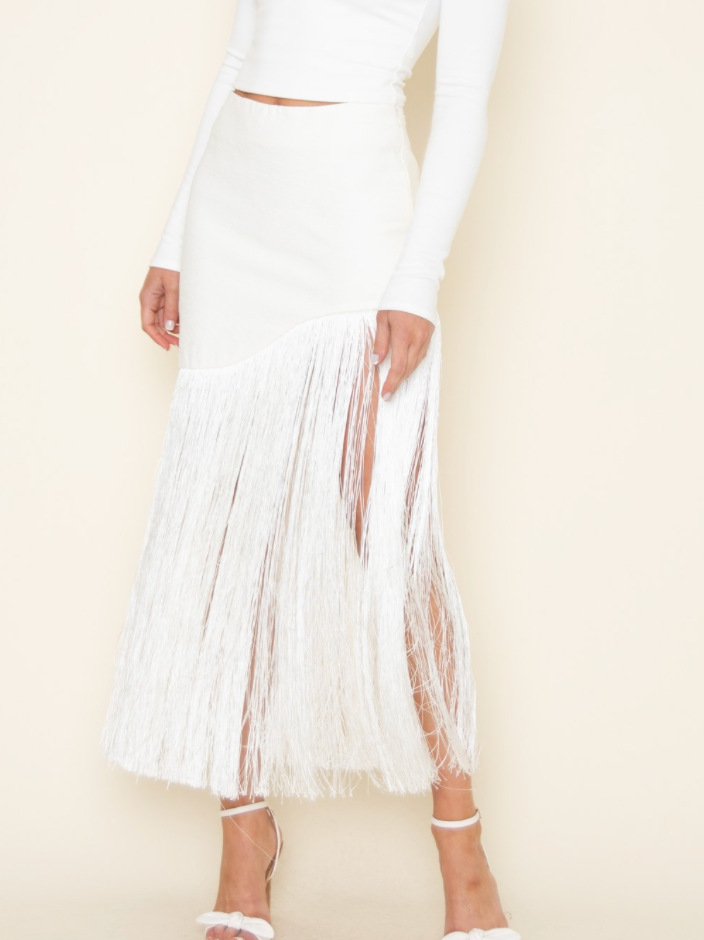 Cream Textured Fringe Midi Skirt