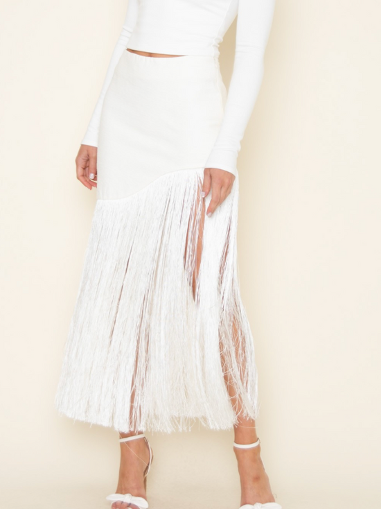 Cream Textured Fringe Midi Skirt
