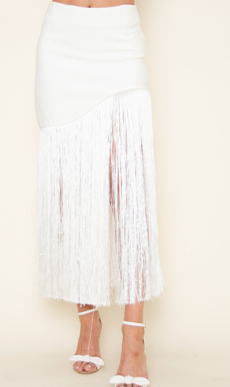 Cream Textured Fringe Midi Skirt