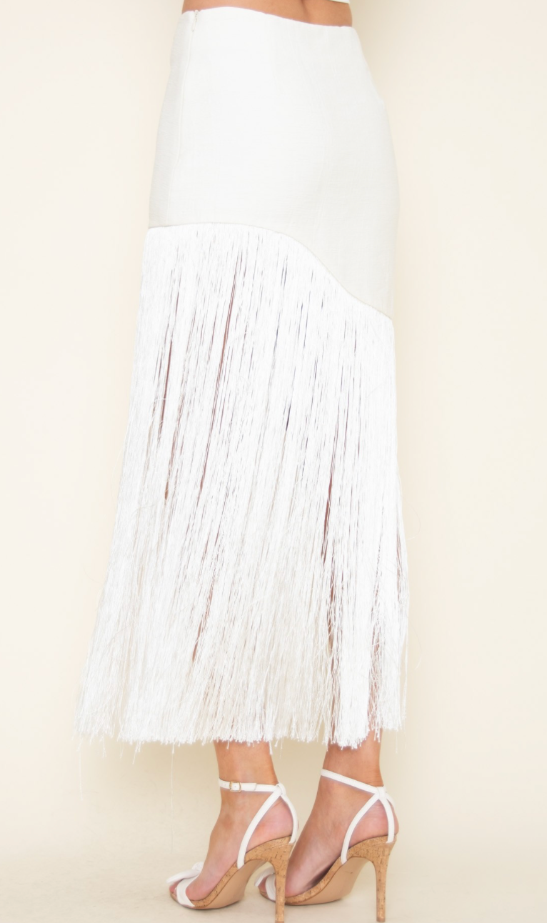 Cream Textured Fringe Midi Skirt