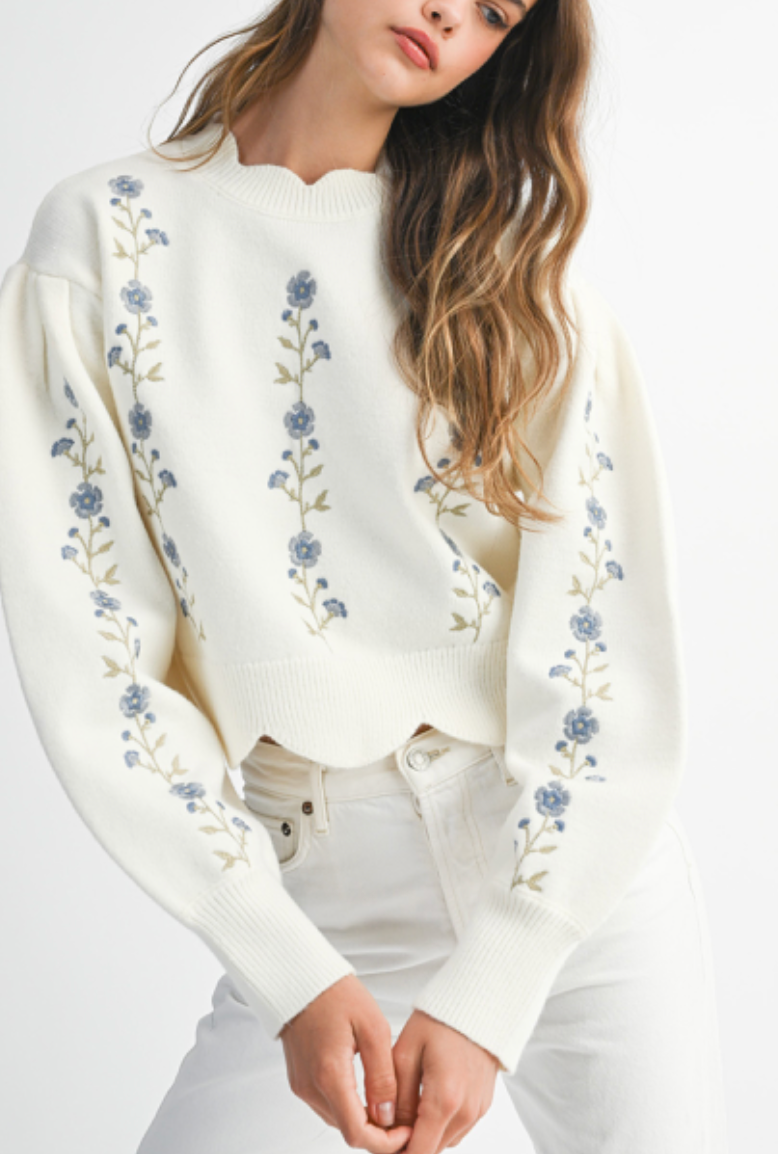 Floral Embroidered Scallop Sweater Top