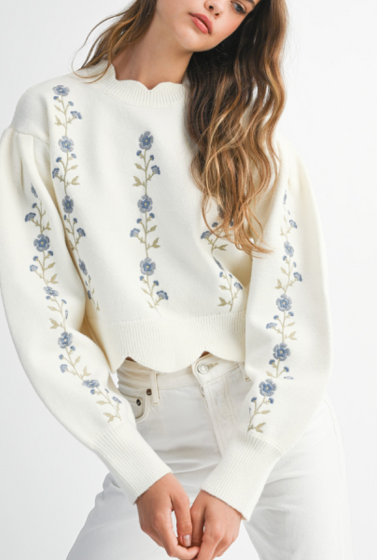 Floral Embroidered Scallop Sweater Top