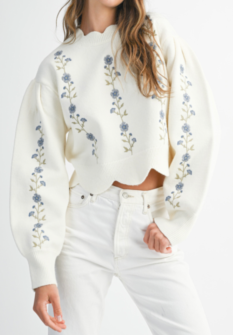 Floral Embroidered Scallop Sweater Top