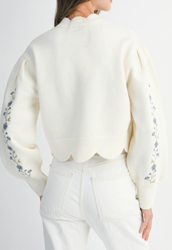 Floral Embroidered Scallop Sweater Top