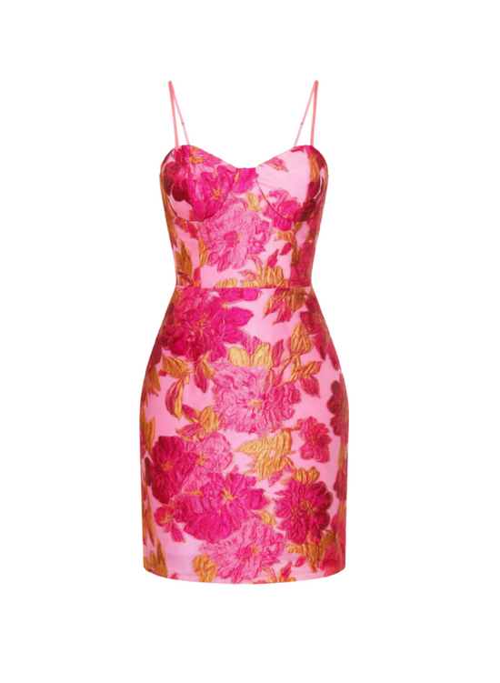 Floral Jacquard Lace Up Back Mini Dress