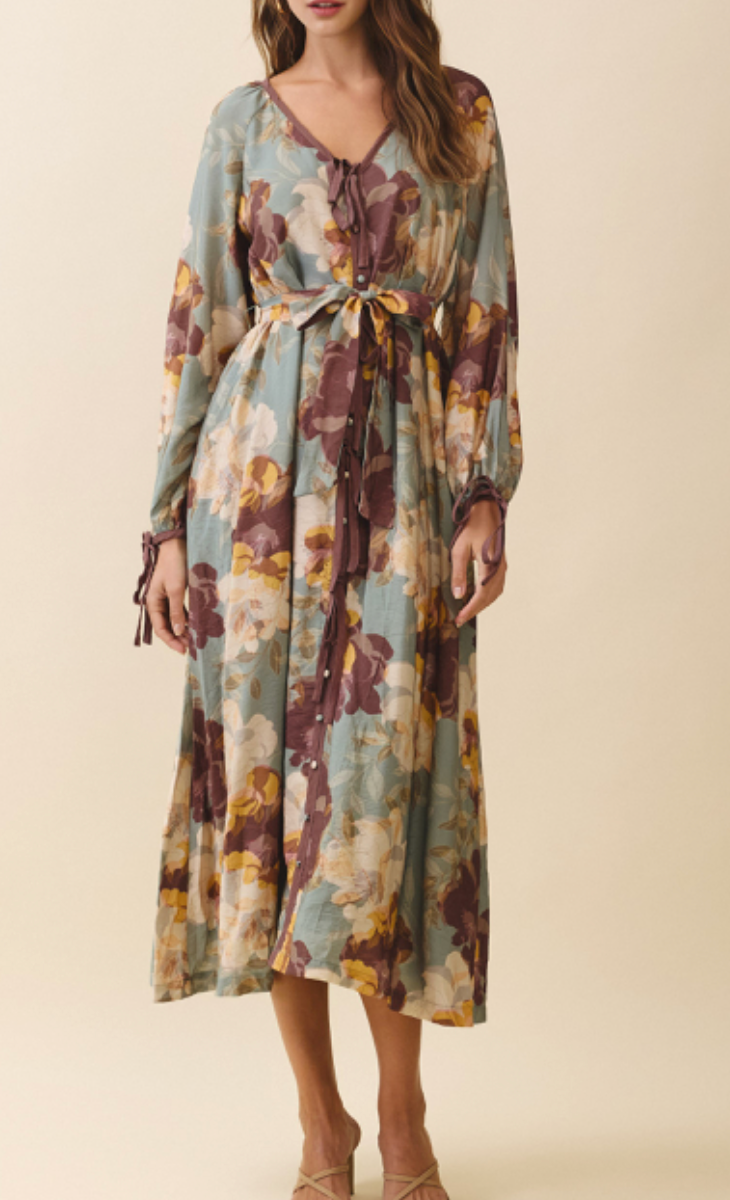 Sage Bloom Self Tie Midi Dress