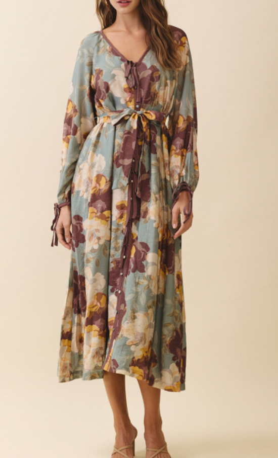 Sage Bloom Self Tie Midi Dress