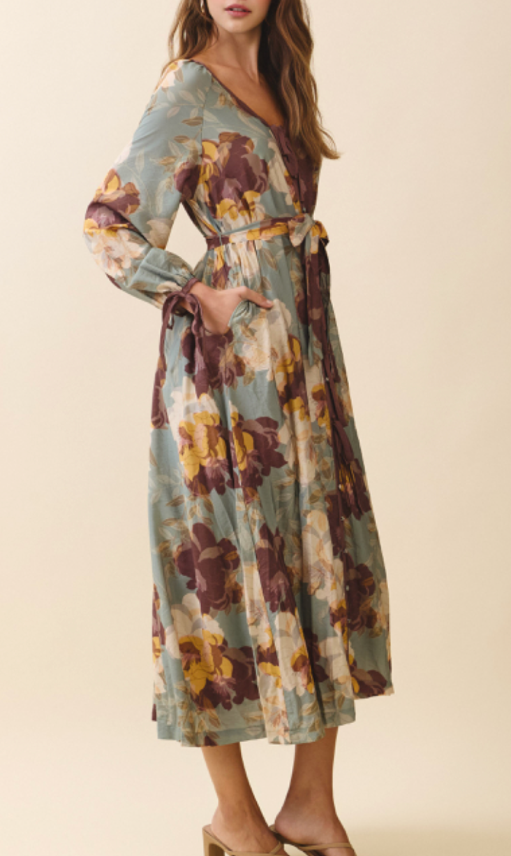 Sage Bloom Self Tie Midi Dress