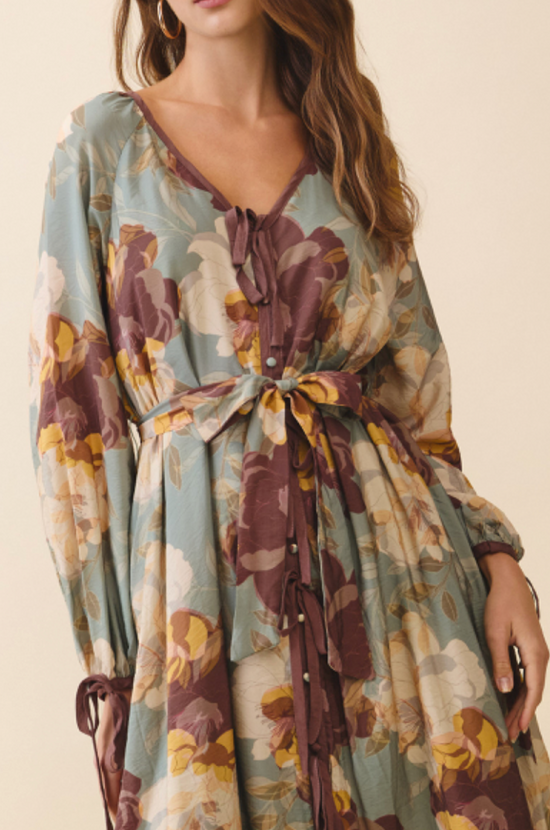 Sage Bloom Self Tie Midi Dress