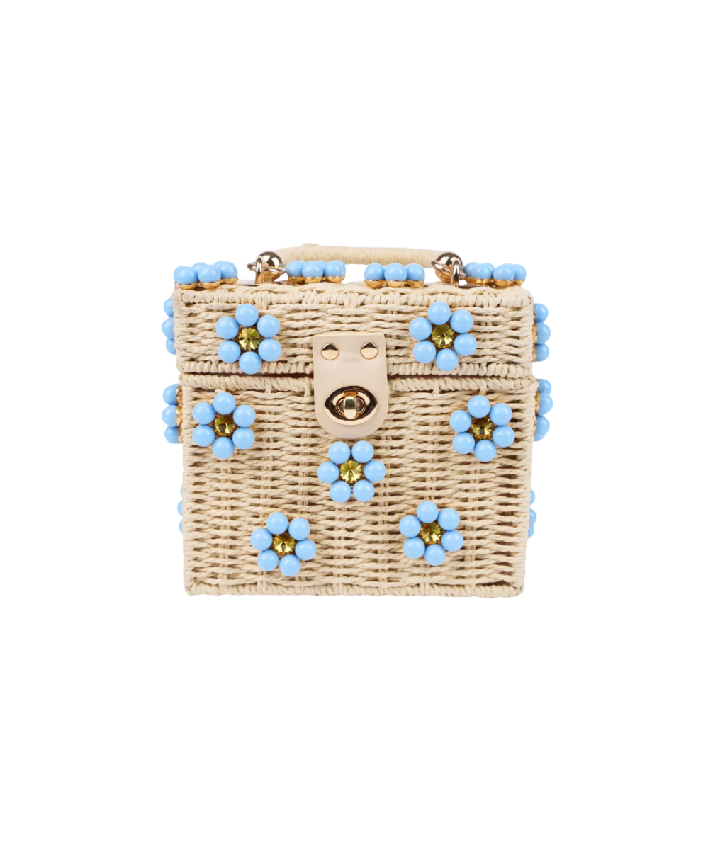 Blue/Cream Daisy Wicker Bucket Daisy Flower Purse