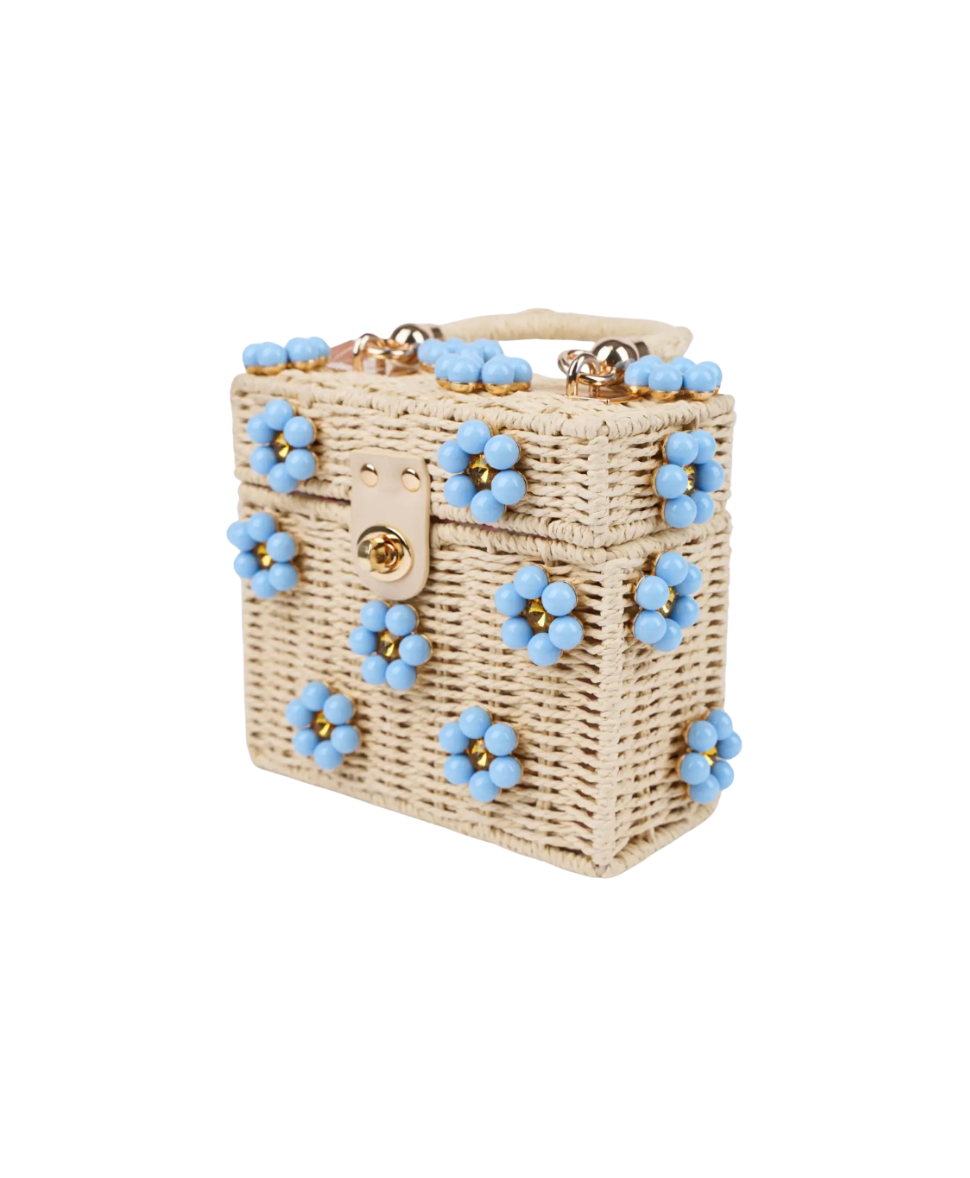 Blue/Cream Daisy Wicker Bucket Daisy Flower Purse