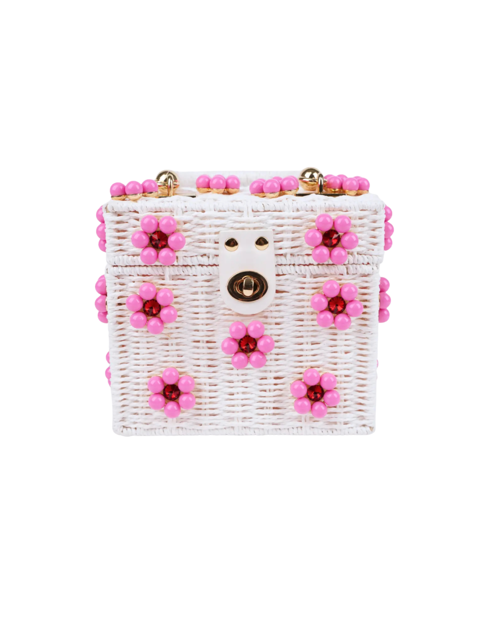 Pink/White Rhinestone Daisy Flower Wicker Bucket Purse