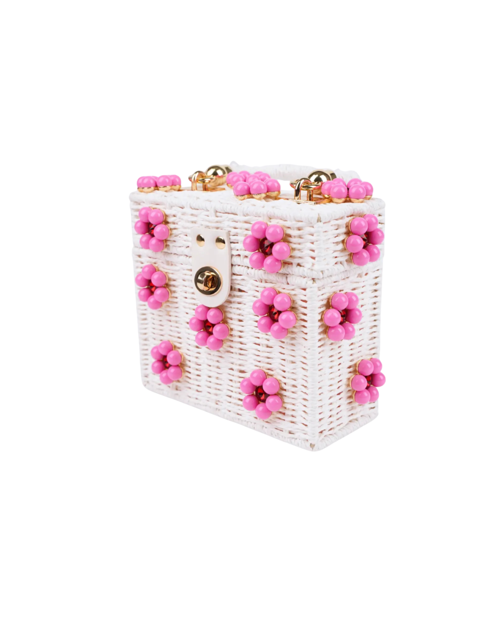 Pink/White Rhinestone Daisy Flower Wicker Bucket Purse