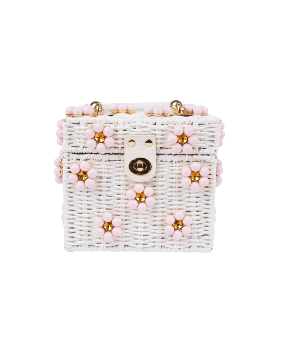 White + Pink Daisy Flower Wicker Bucket Purse
