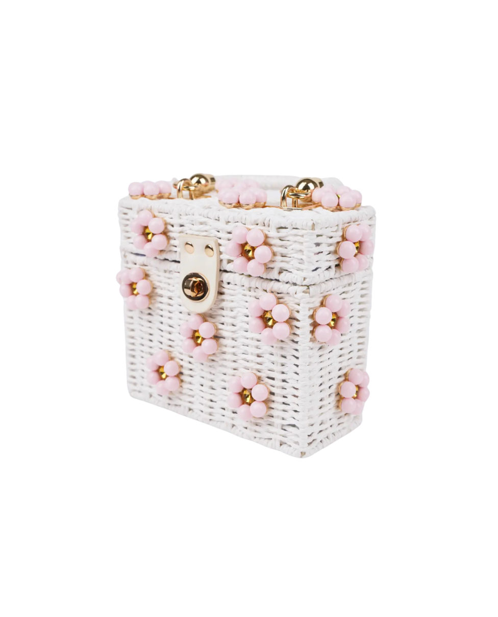 White + Pink Daisy Flower Wicker Bucket Purse
