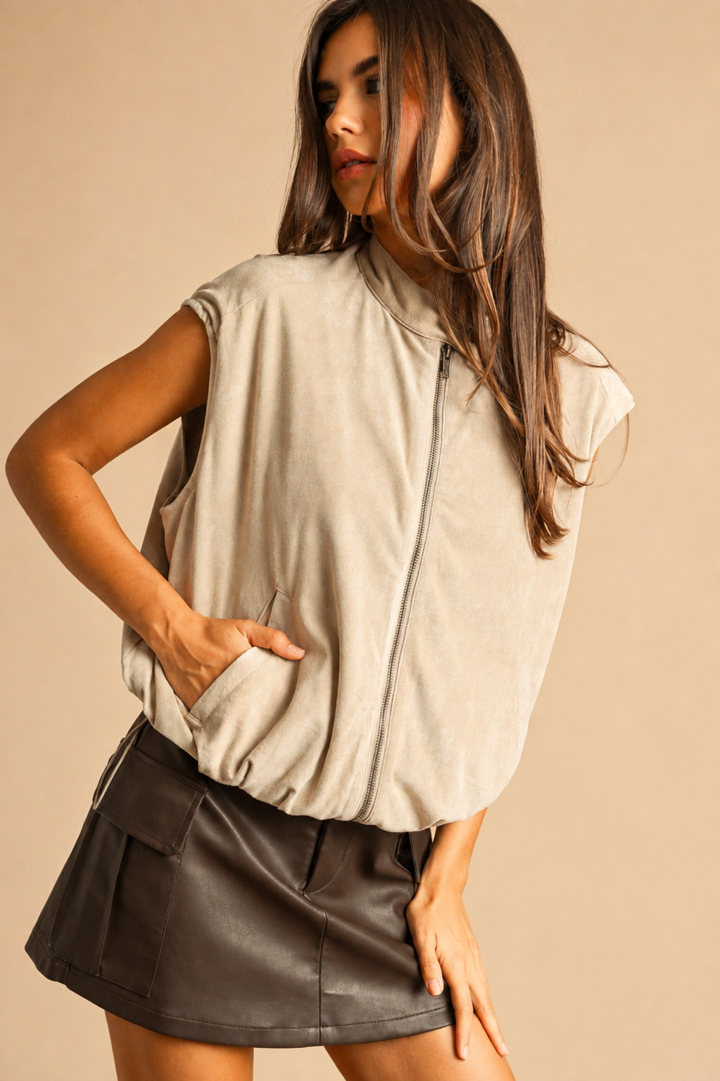 Suede Vest Jacket - Beige
