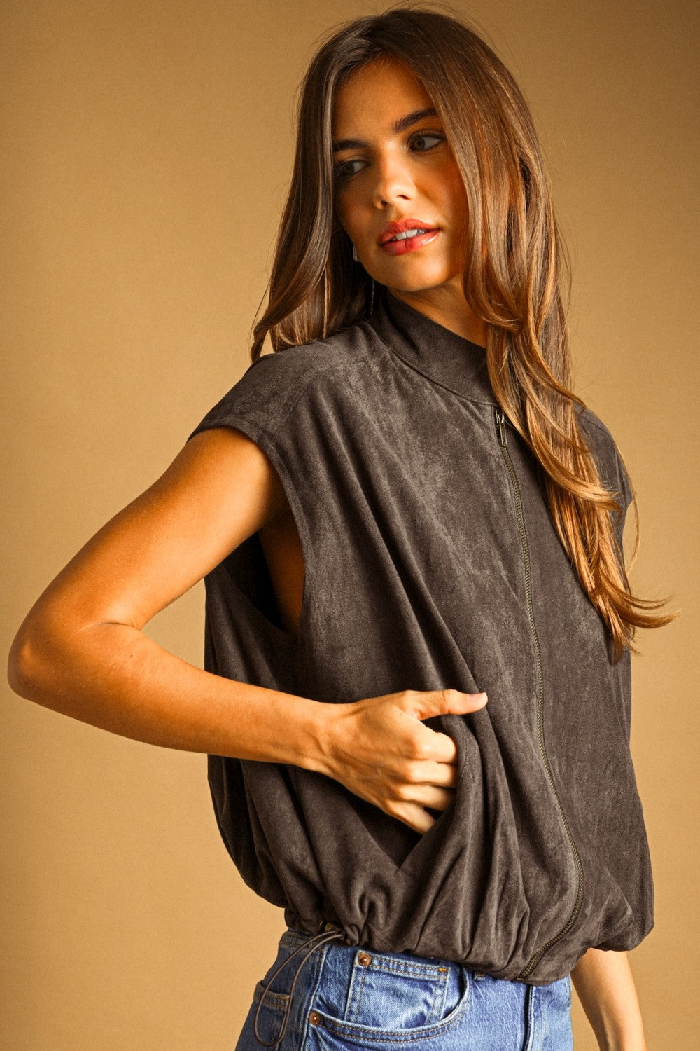 Suede Vest Jacket - Charcoal