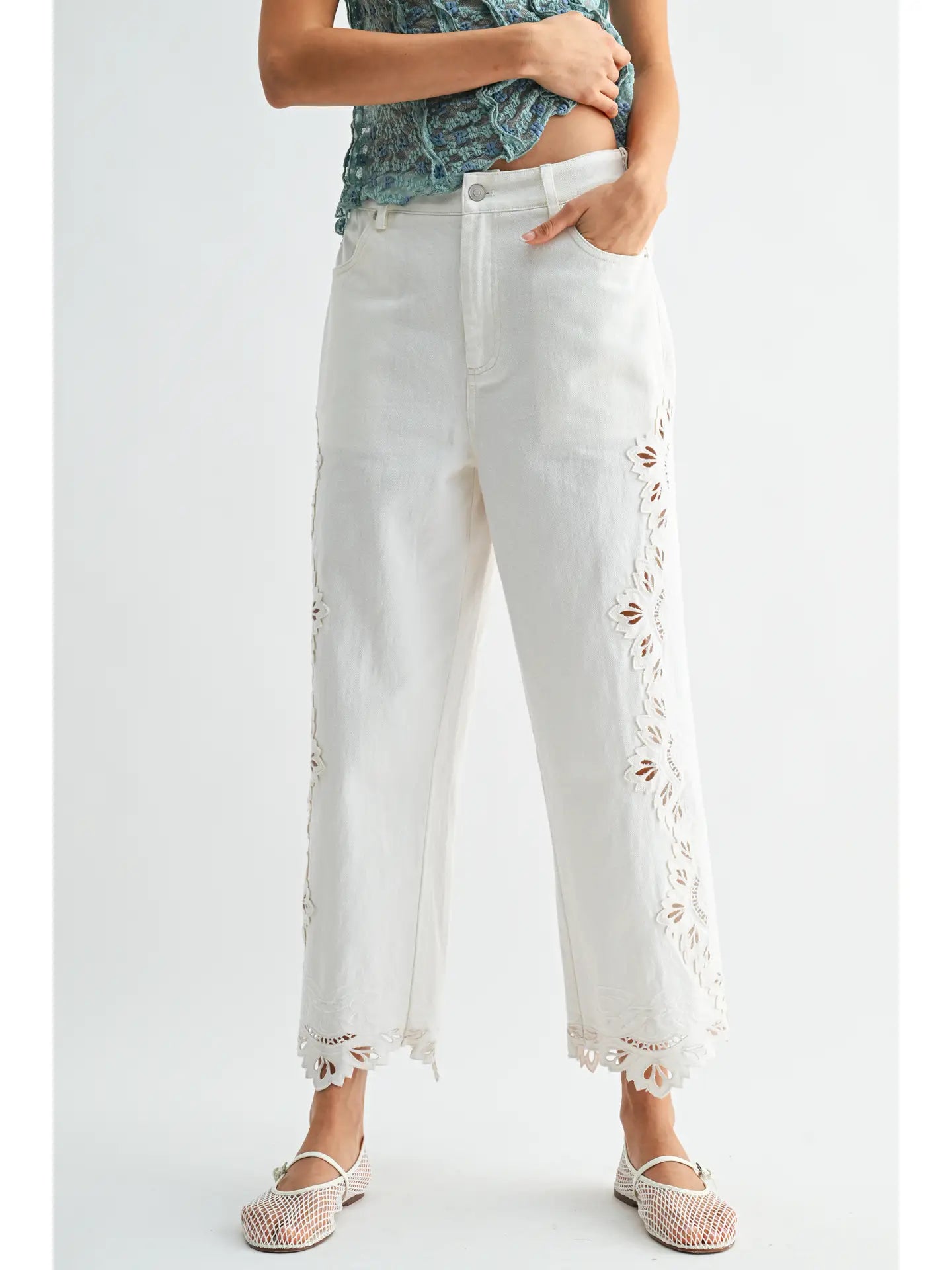 Isla Eyelet White Pants (PRE-ORDER/AVAILABLE TO SHIP 7/19)