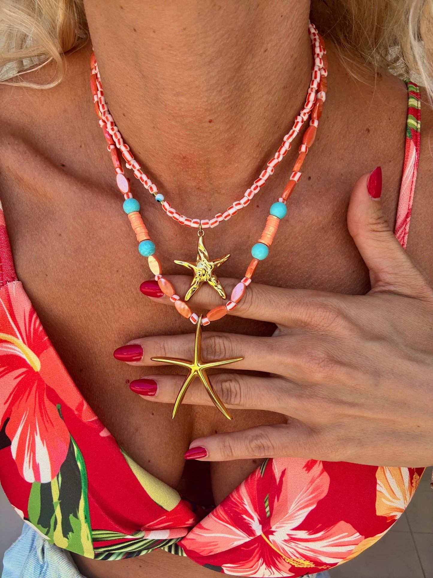 Orange Starfish Beaded Necklace