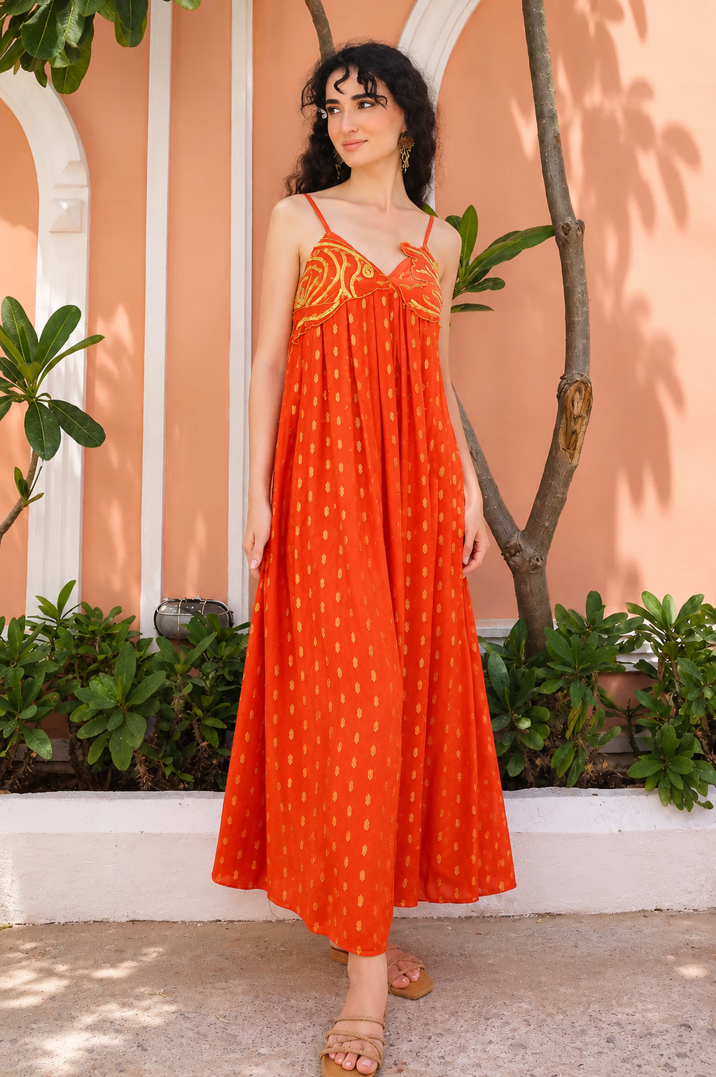 Embellished Tangerine Ariel Flared Maxi Dress