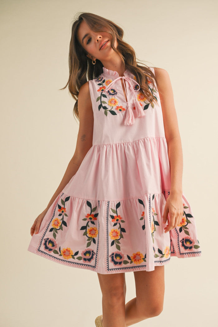 Josie Floral Embroidered Tiered Mini Dress