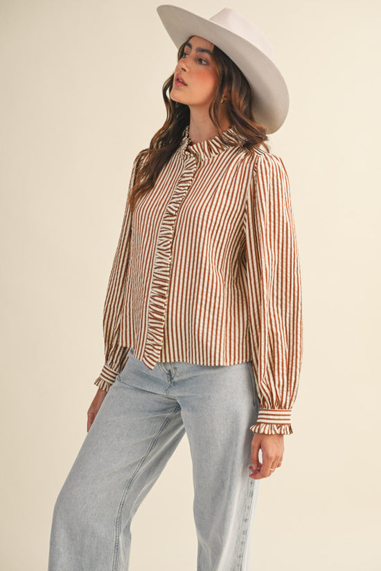 Pecan Stripe Ruffle Blouse