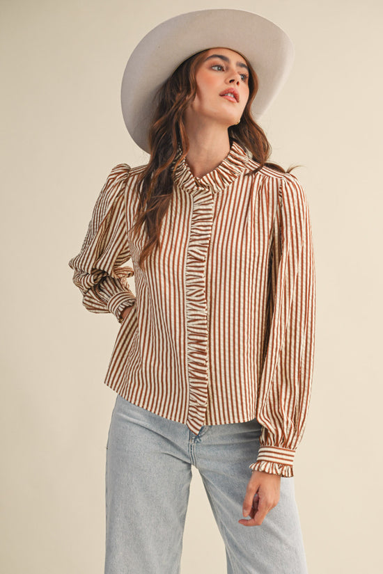 Pecan Stripe Ruffle Blouse