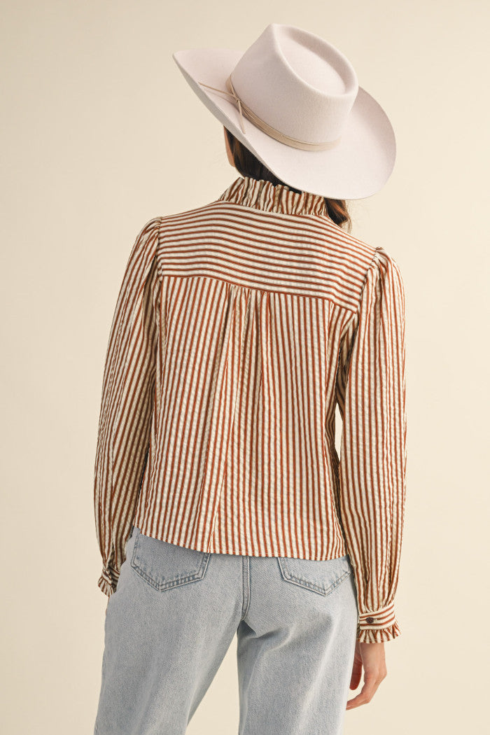 Pecan Stripe Ruffle Blouse