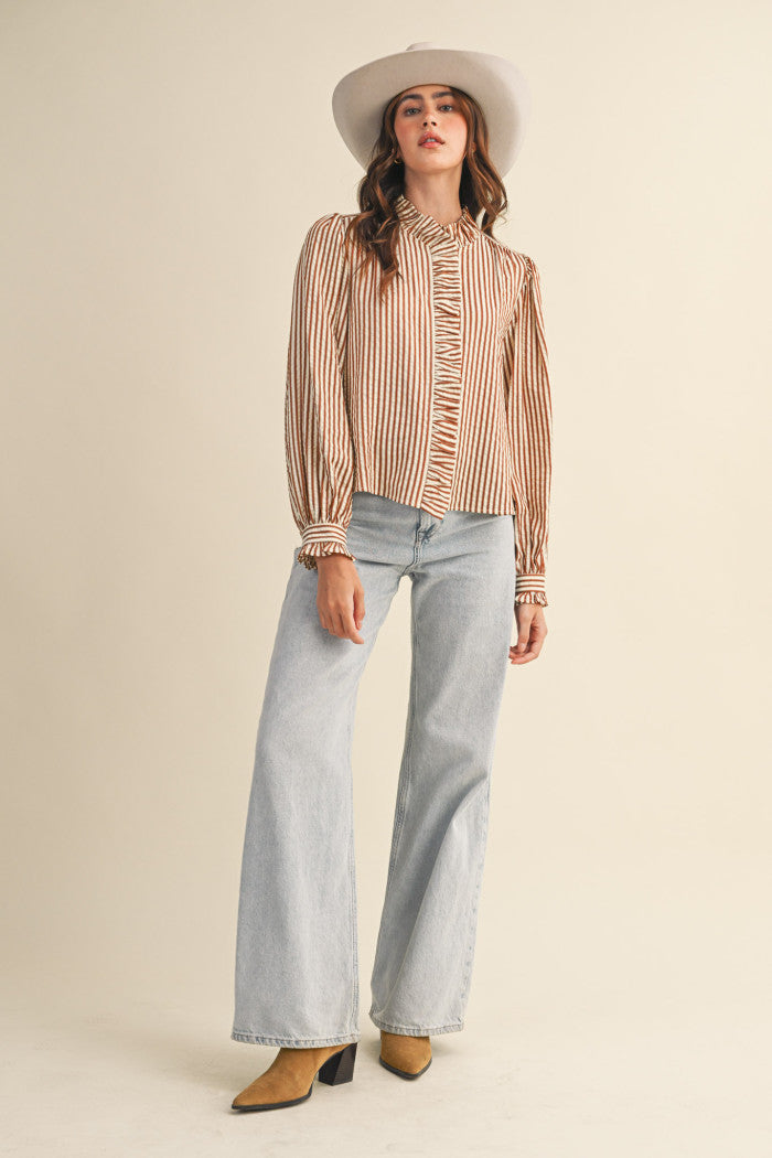 Pecan Stripe Ruffle Blouse
