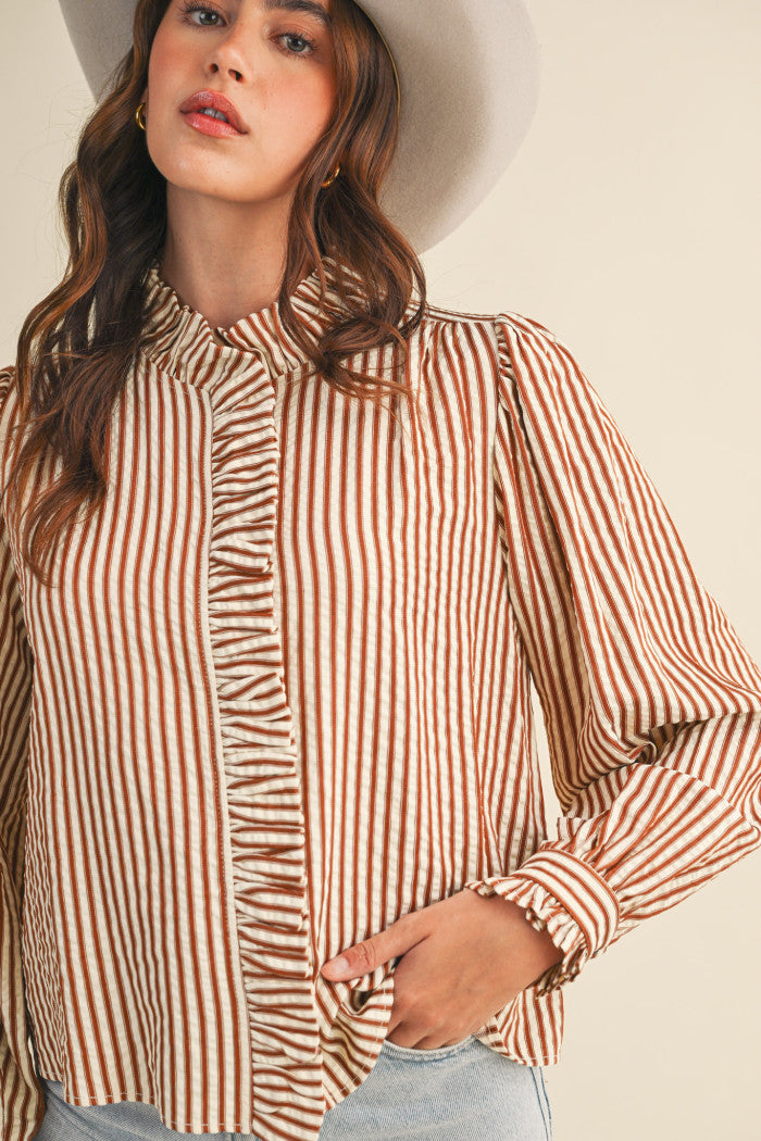 Pecan Stripe Ruffle Blouse
