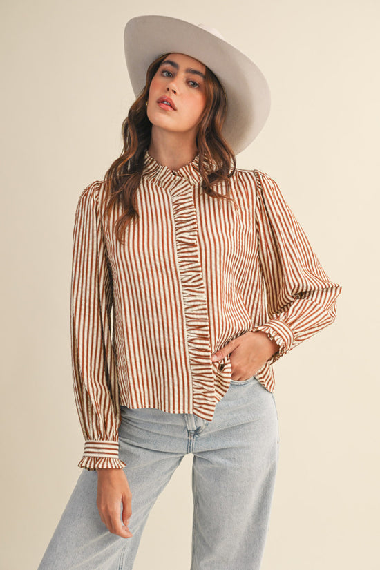 Pecan Stripe Ruffle Blouse