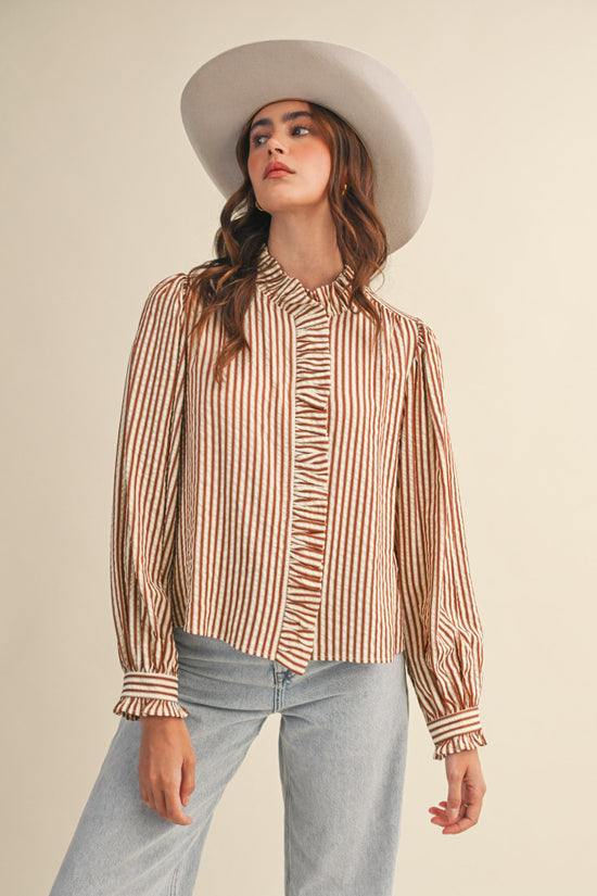 Pecan Stripe Ruffle Blouse