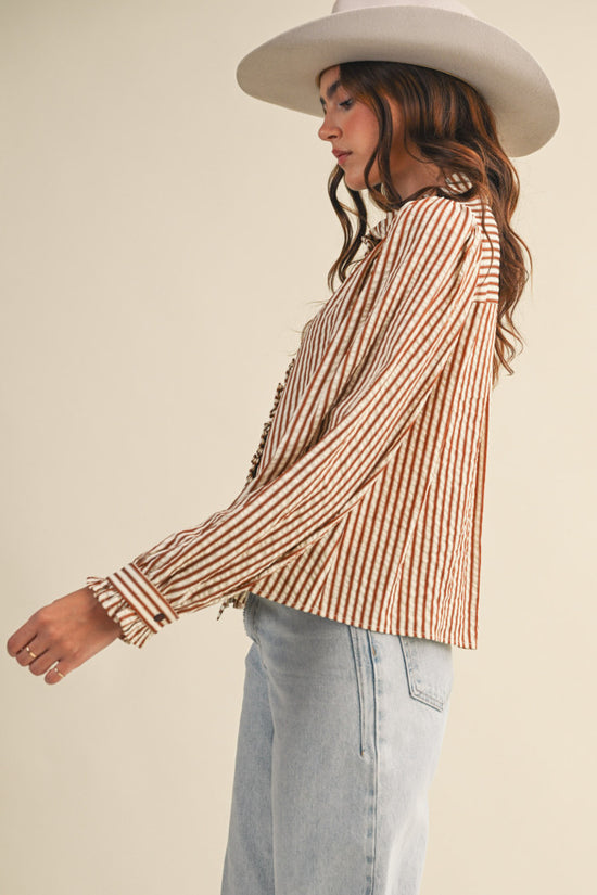 Pecan Stripe Ruffle Blouse